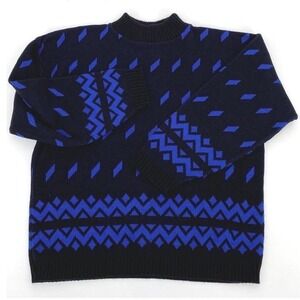Vintage 80s Retro Graphic Knit Sweater M Black Blue Cozy Ski Lodge USA Made